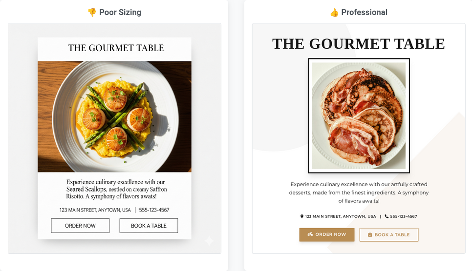 Side-by-side comparison of a professional looking social media post and one that is poorly sized and blurry.